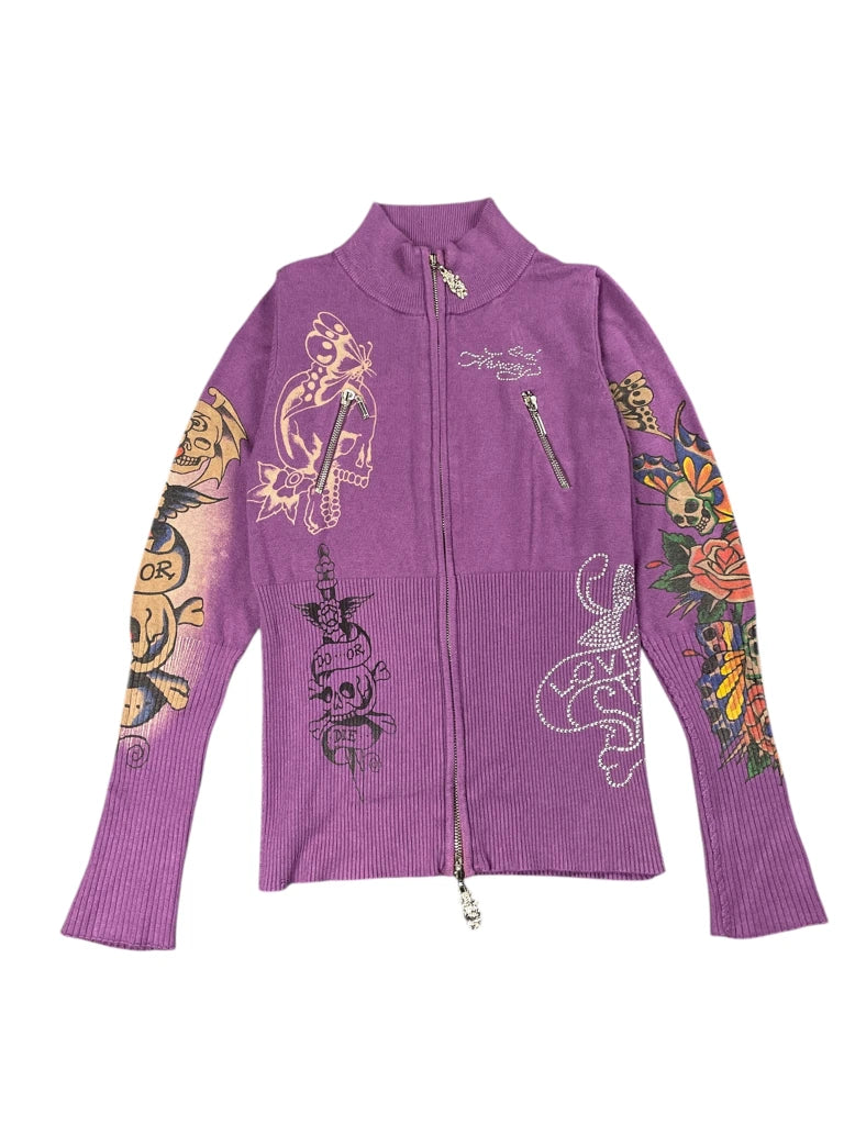 Ed Hardy Purple Skull Tattoo Zip Jacket (M)