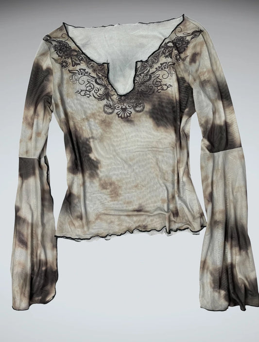 Boho Washed Multi-Color V-Neck Blouse (S)
