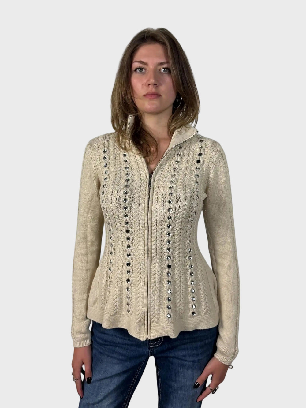 front view, Boston Proper Beige Cable Knit Sweater with Rhinestone Embellishments, vintage Y2K second hand piece