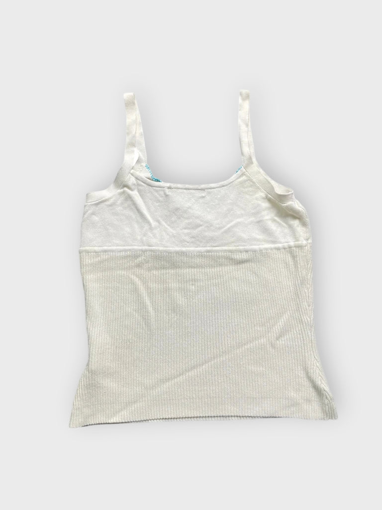 detail view, Guess Collection Beige Knit Tank Top with Blue Trim, vintage Y2K second hand piece, image 4
