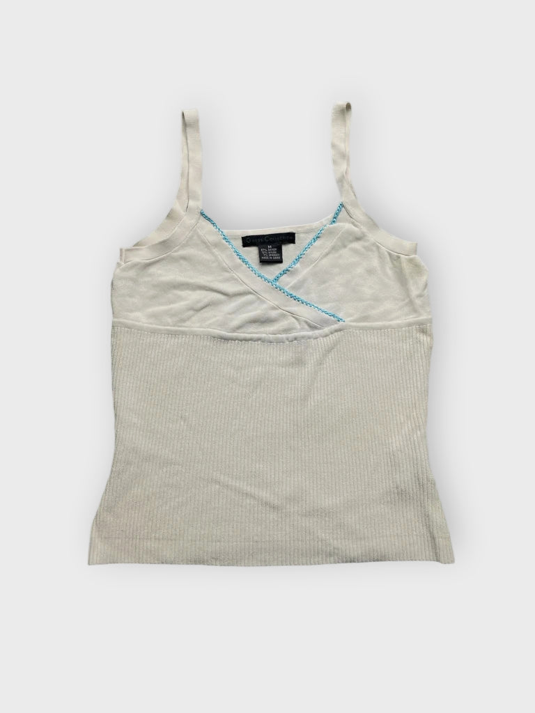 detail view, Guess Collection Beige Knit Tank Top with Blue Trim, vintage Y2K second hand piece