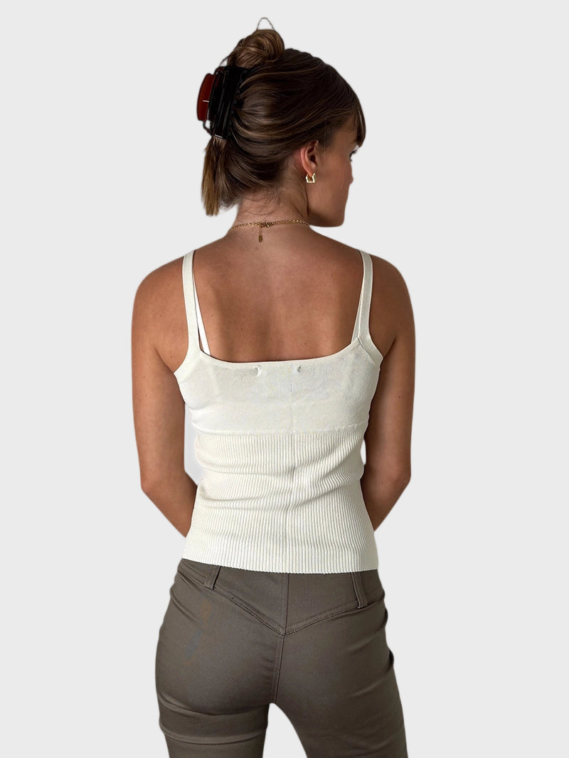 back view, Guess Collection Beige Knit Tank Top with Blue Trim, vintage Y2K second hand piece