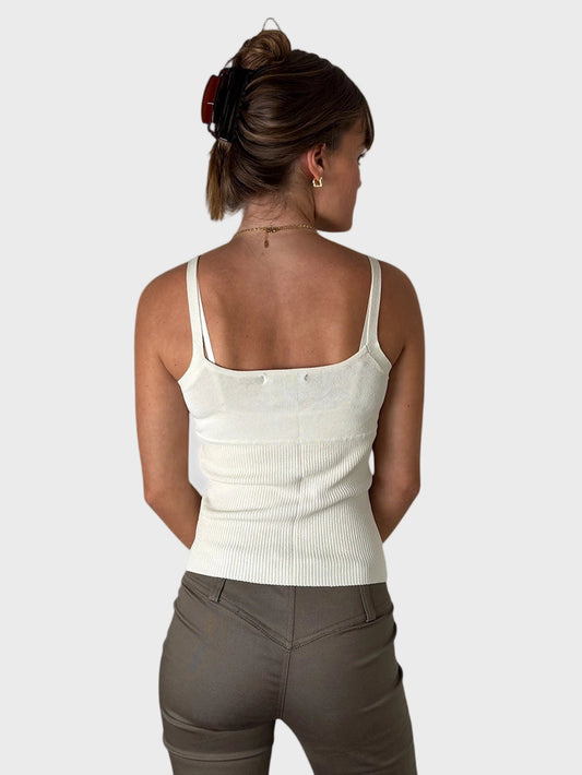 back view, Guess Collection Beige Knit Tank Top with Blue Trim, vintage Y2K second hand piece