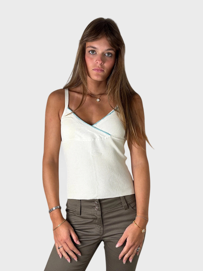 front view, Guess Collection Beige Knit Tank Top with Blue Trim, vintage Y2K second hand piece