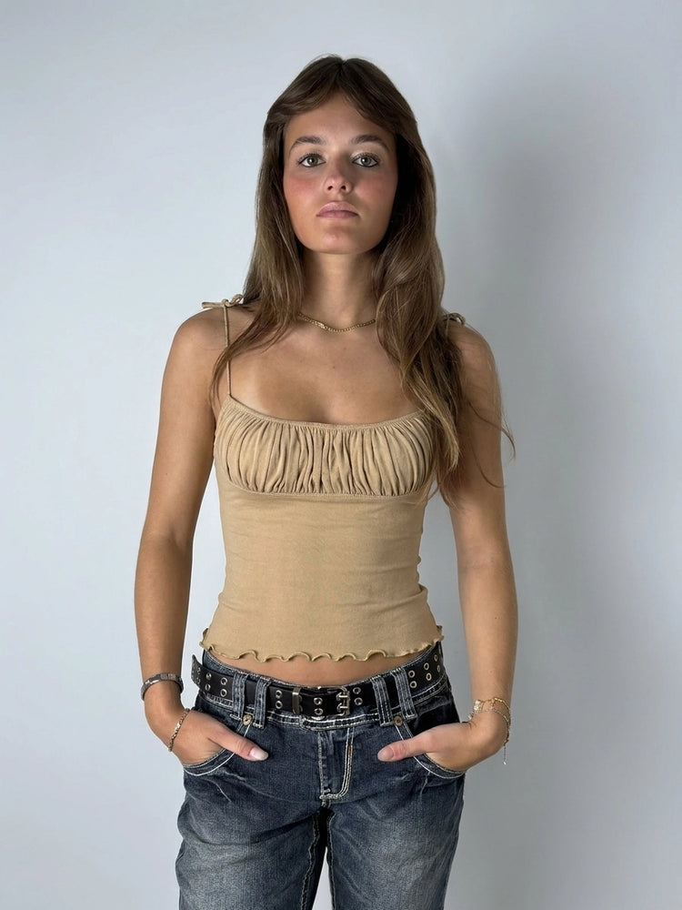 Beige Ruffled Crop Top with Playful Edges (XXS)