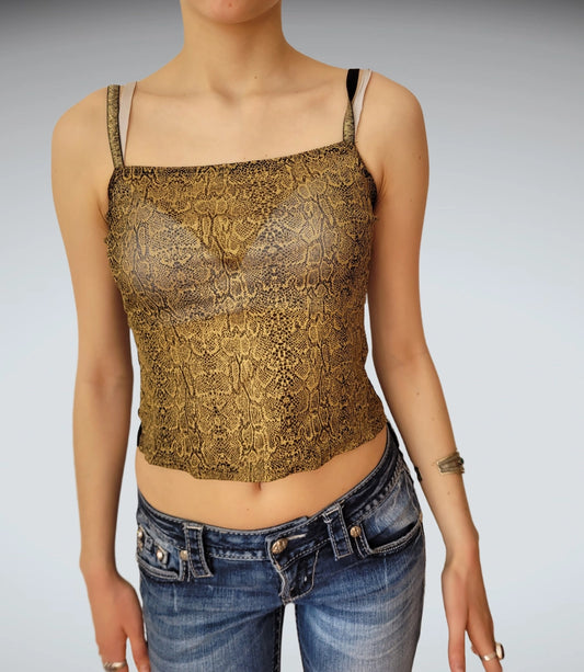 Sleek Y2K Snake Print Mesh Camisole Top Black Gold (M)
