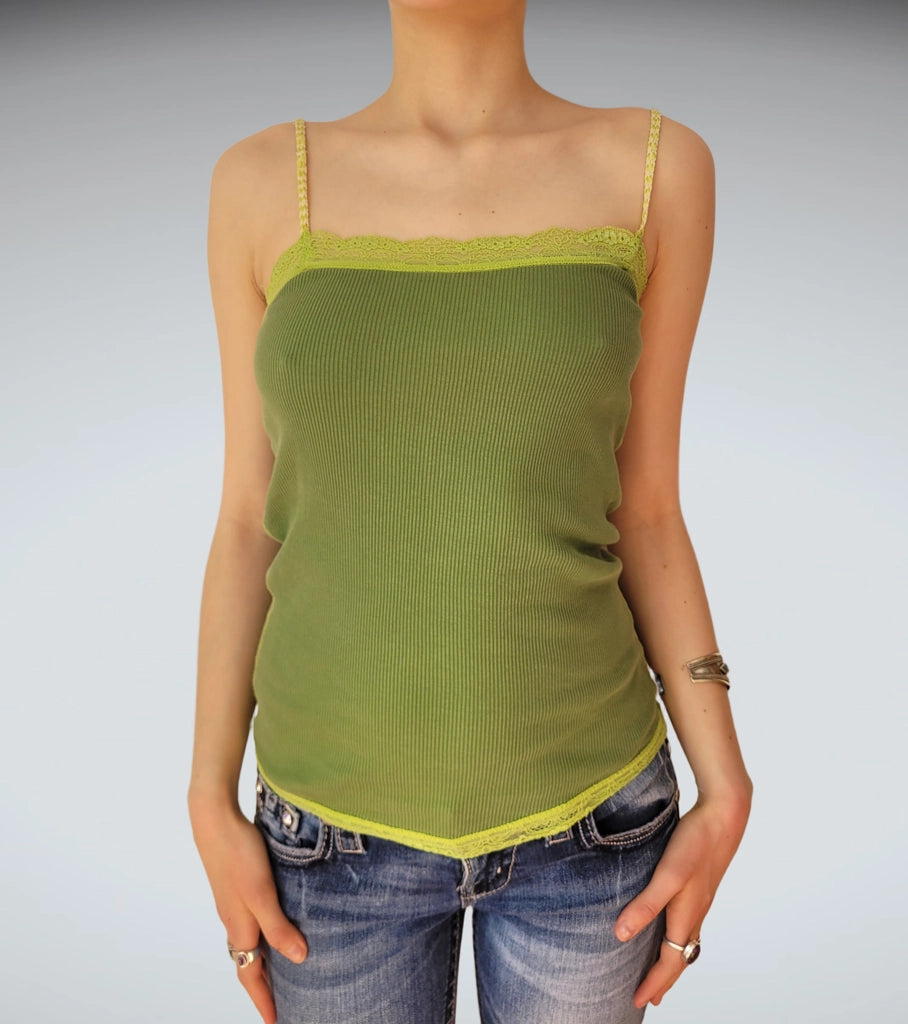 Lime Green Ribbed Cami Top Scallop Lace Trim Retro Vibe (S)