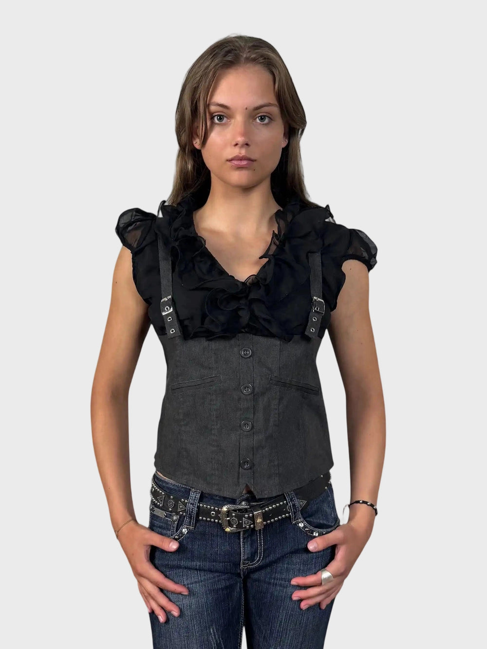front view, Seduction Black and Grey Ruffled Corset Top, vintage Y2K second hand piece