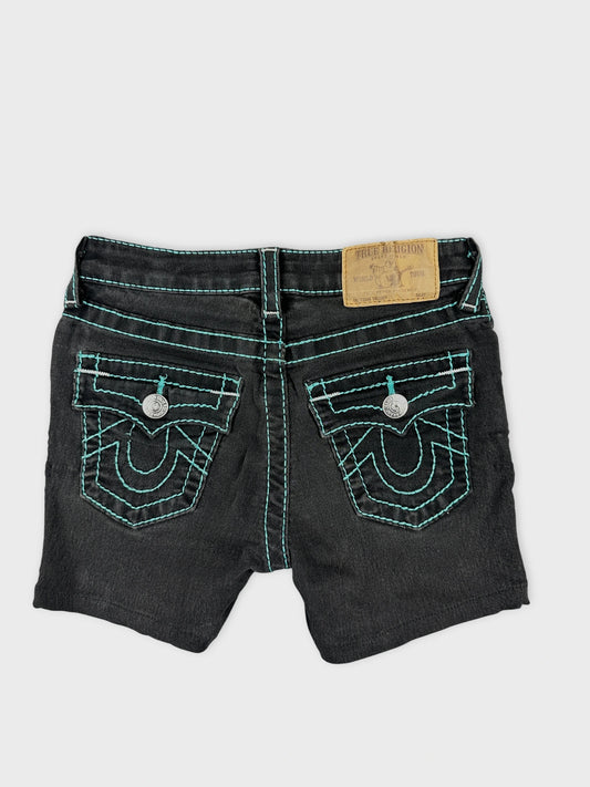 Back view of black denim shorts with turquoise contrast stitching and pocket details.