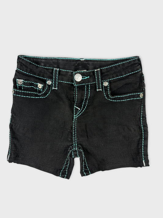 Black denim shorts with turquoise contrast stitching front view