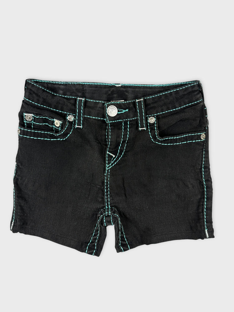 Black Denim Shorts with Bold Aqua Stitching (W24 / XS)
