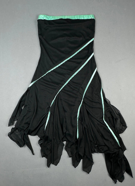 Back view of a black flowing skirt with aqua accent details and an asymmetrical silhouette.