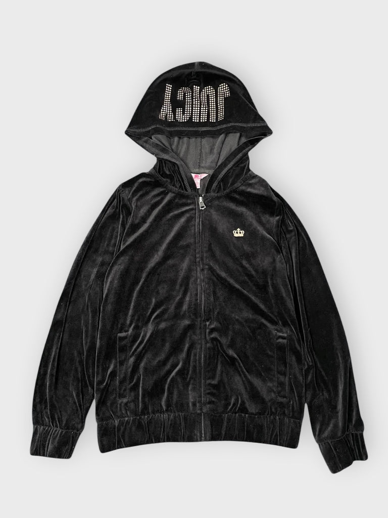 front view, Black Juicy Couture Velour Hoodie with Crown Embroidery, vintage Y2K second hand piece