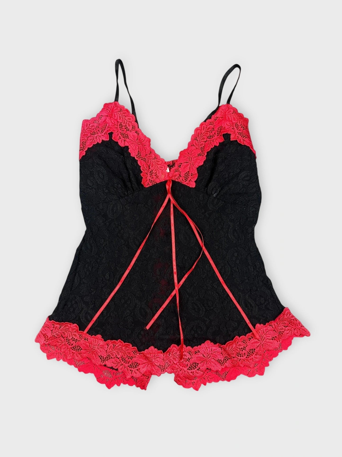 Black lace crop top with red lace trim front view