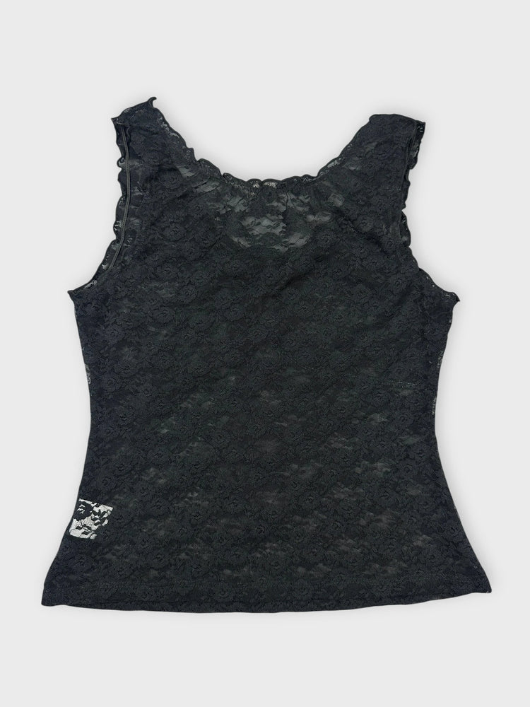 Black Lace Top with Floral Accents (S)