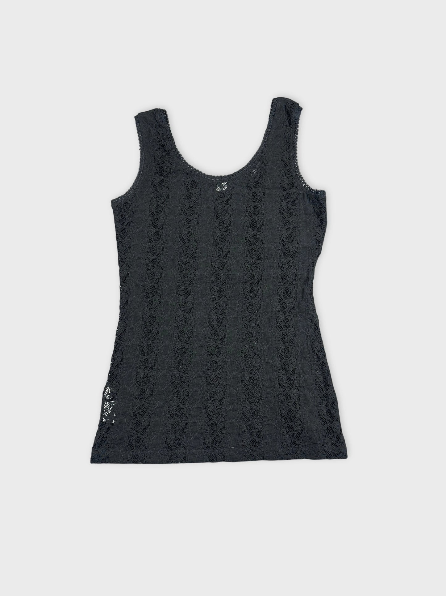 Back view of a black lace top featuring intricate lace detailing.