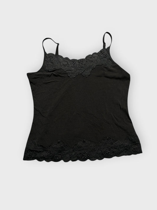 front view, N Club Wear Black Lace Trim Camisole, vintage Y2K second hand piece
