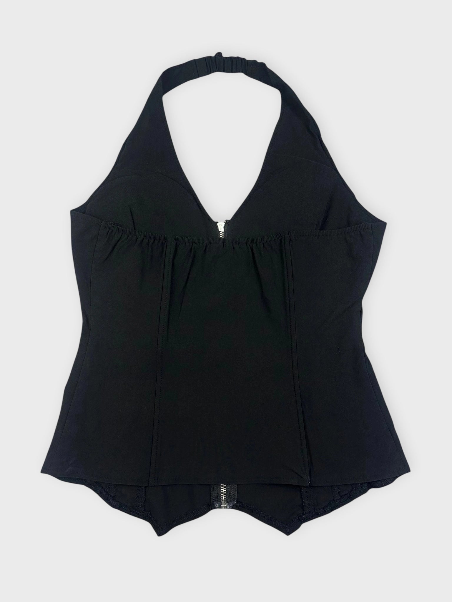 back view, Black Lace-Up Corset Top with Front Zip (XL) image
