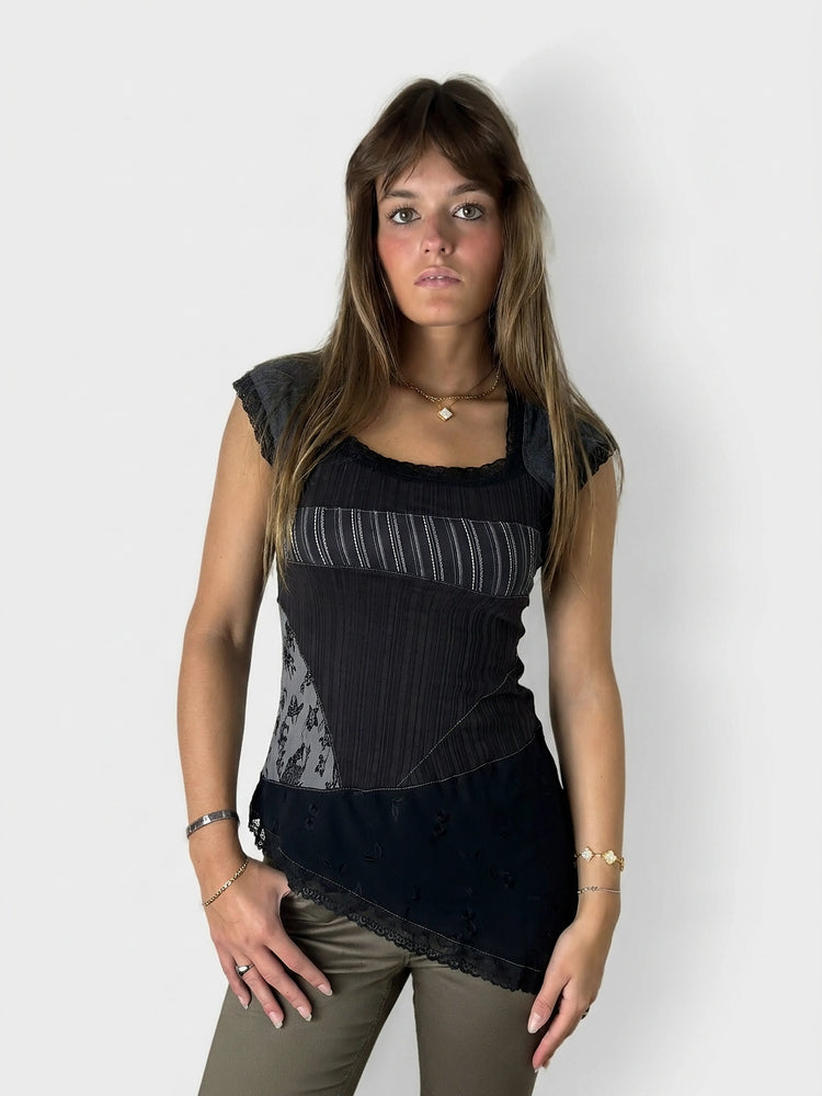 Black Layered Tank Top with Lace Details (M)