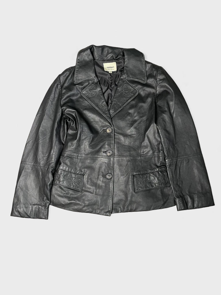 detail view, Conbipel Black Leather Coat, vintage Y2K second hand piece, image 6