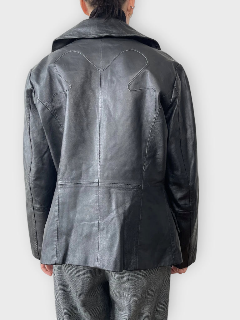 back view, Conbipel Black Leather Coat, vintage Y2K second hand piece