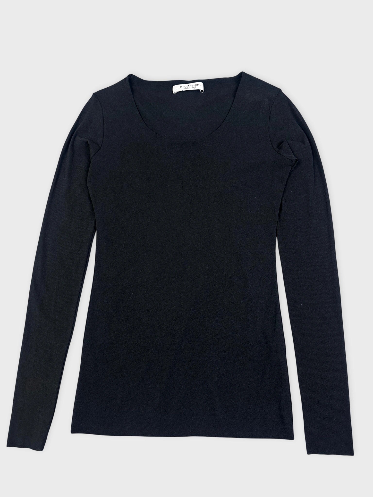Black long sleeve knit dress front view with a classic scoop neck design.