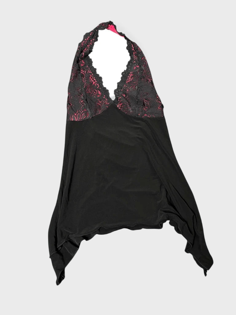 front view, Von Mozart Black Pink Lace Dessous Top, vintage Y2K second hand piece