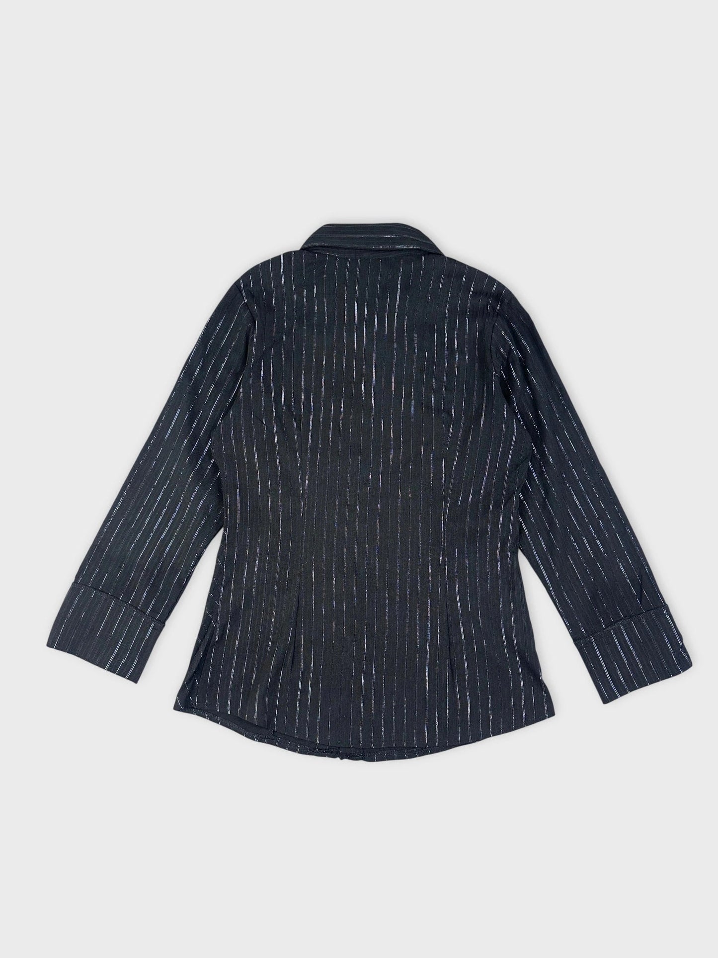 Back view of a black pinstripe fitted button-up shirt showing shiny stripes.