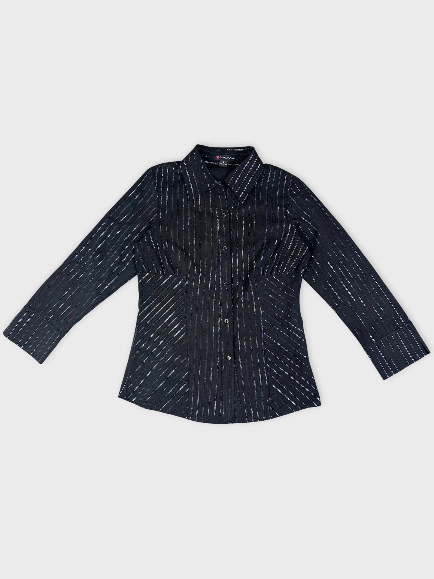 Detail view of a black fitted button-up shirt with pinstripes.
