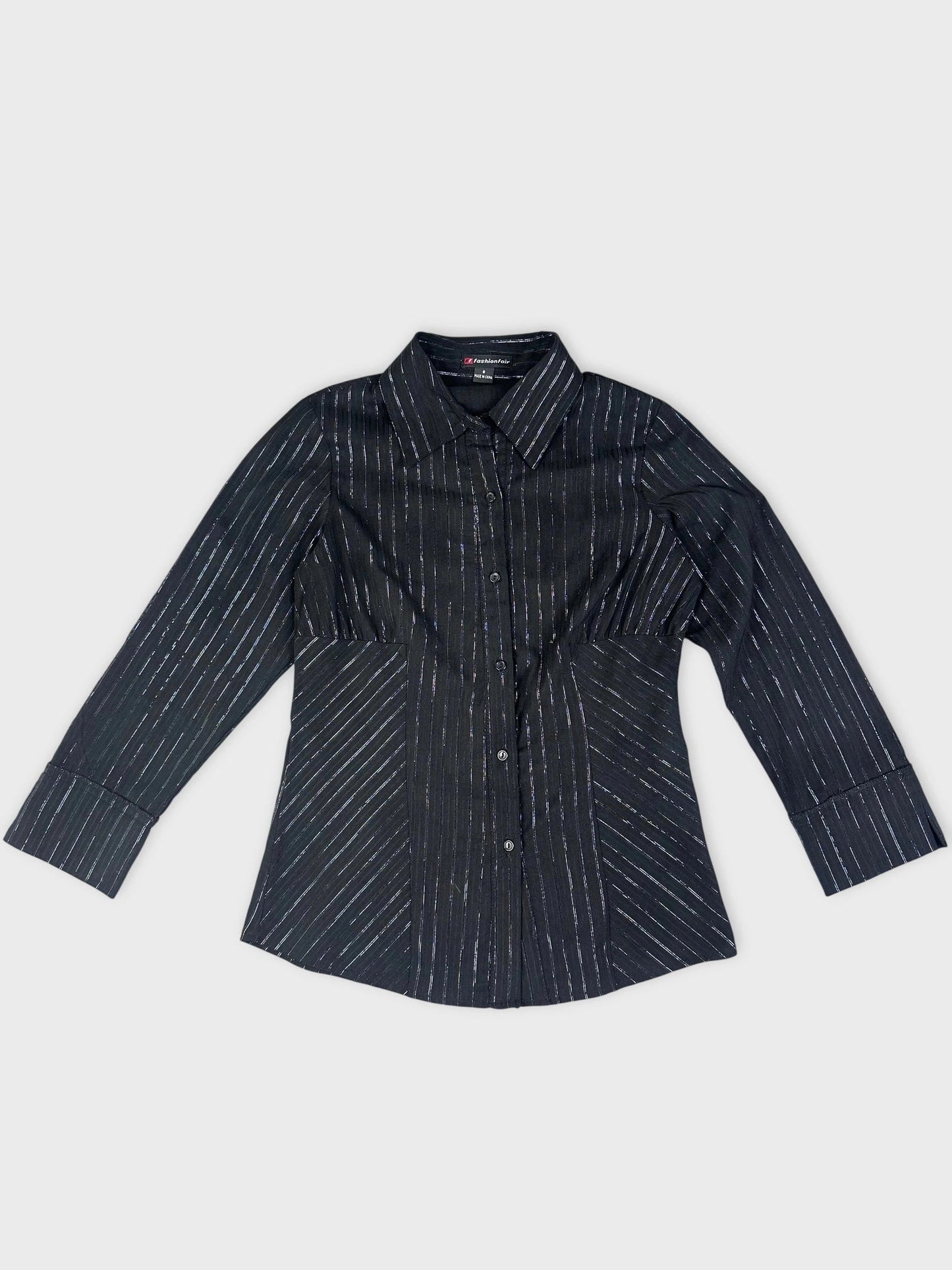 Black fitted button-up shirt with shiny pinstripes front view