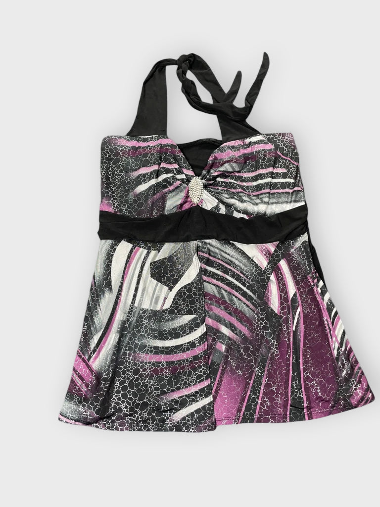 detail view, Black Purple Pattern Halterneck Top, vintage Y2K second hand piece
