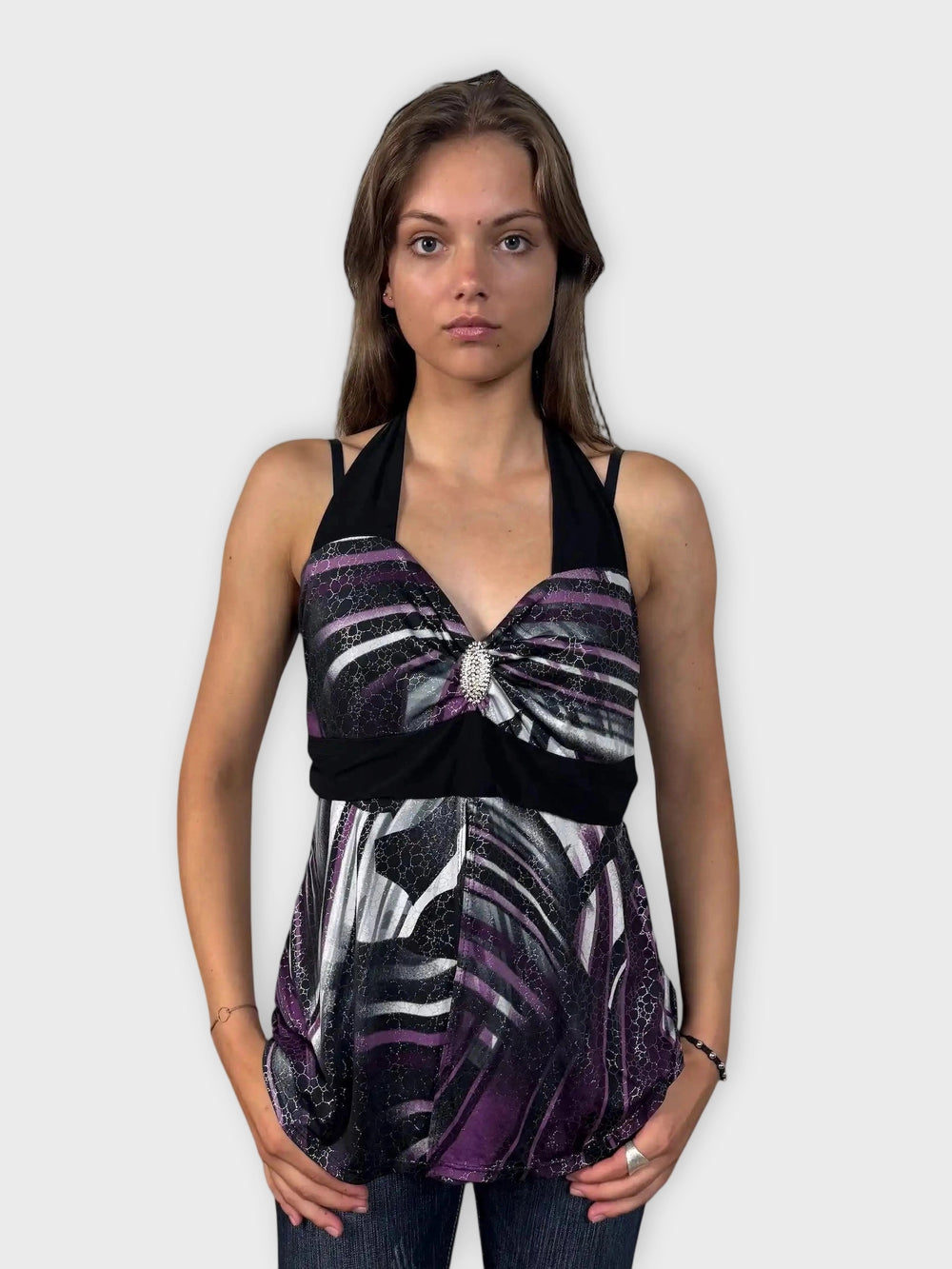 front view, Black Purple Pattern Halterneck Top, vintage Y2K second hand piece
