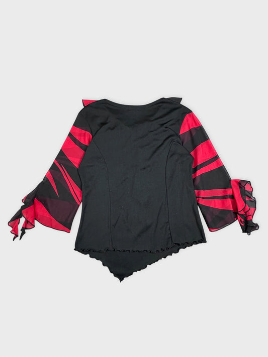 Back view of a black and red striped top with ruffled sleeve trim.
