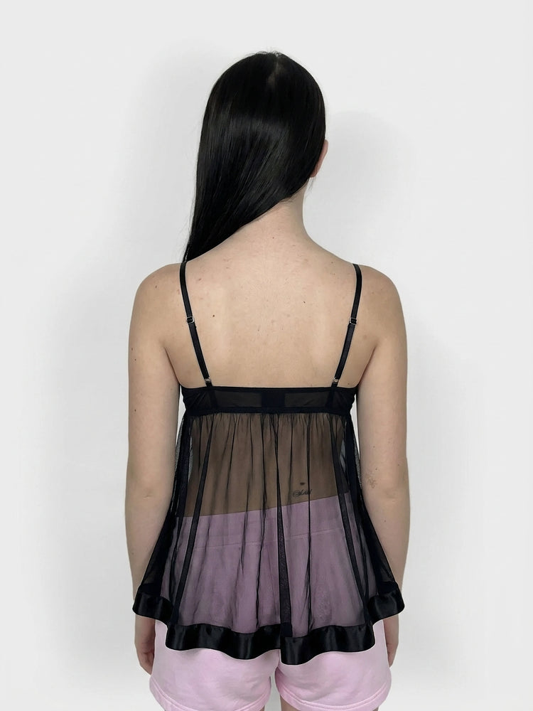 Black Sheer Bralette Dress with Ribbon Ties (S)