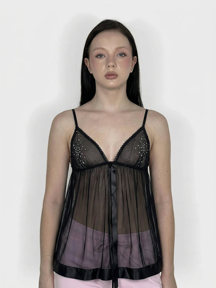 Black Sheer Bralette Dress with Ribbon Ties (S)