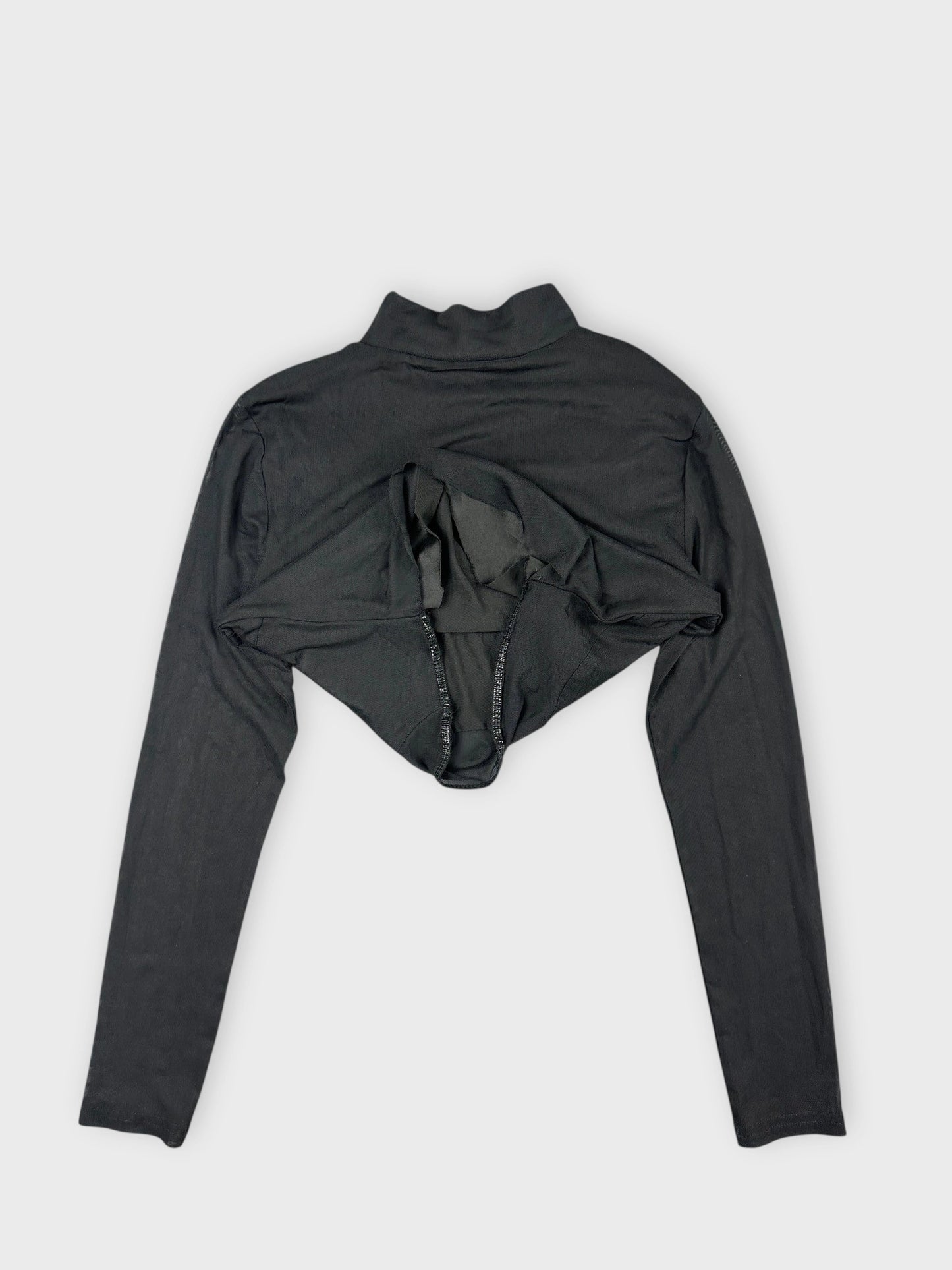 Black sheer crop top with unique cutout detail view