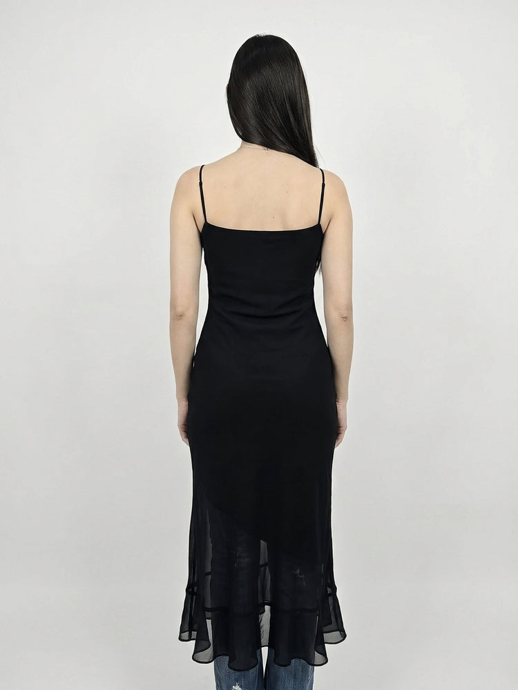 Black Sheer Maxi Dress with Ruffle Hem (M)