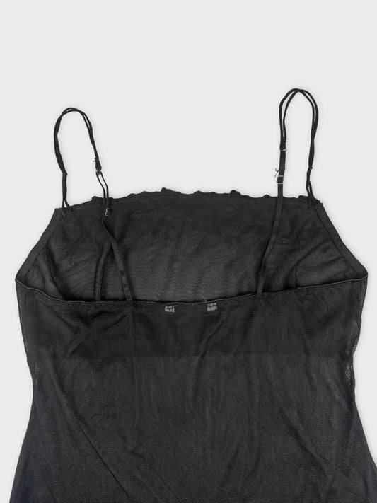 Back view of a black sheer slip dress with spaghetti straps.