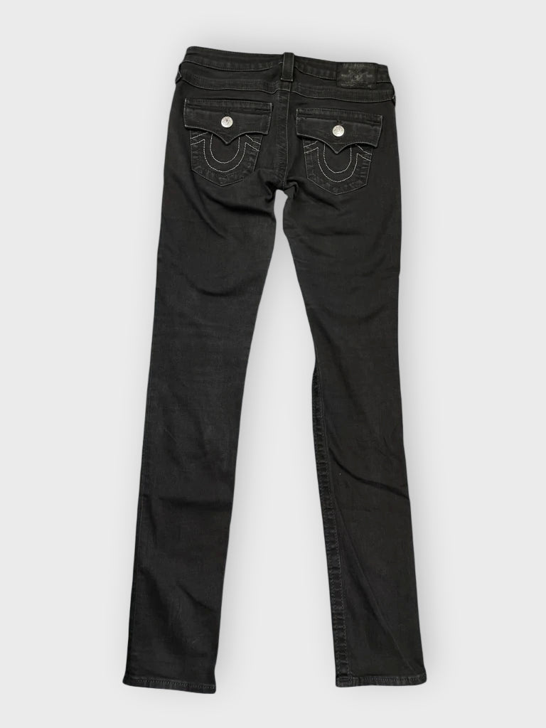 detail view, True Religion Black Slim-Fit Jeans with Flap Pockets, vintage Y2K second hand piece