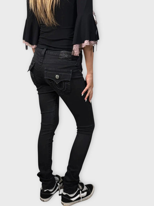 back view, True Religion Black Slim-Fit Jeans with Flap Pockets, vintage Y2K second hand piece