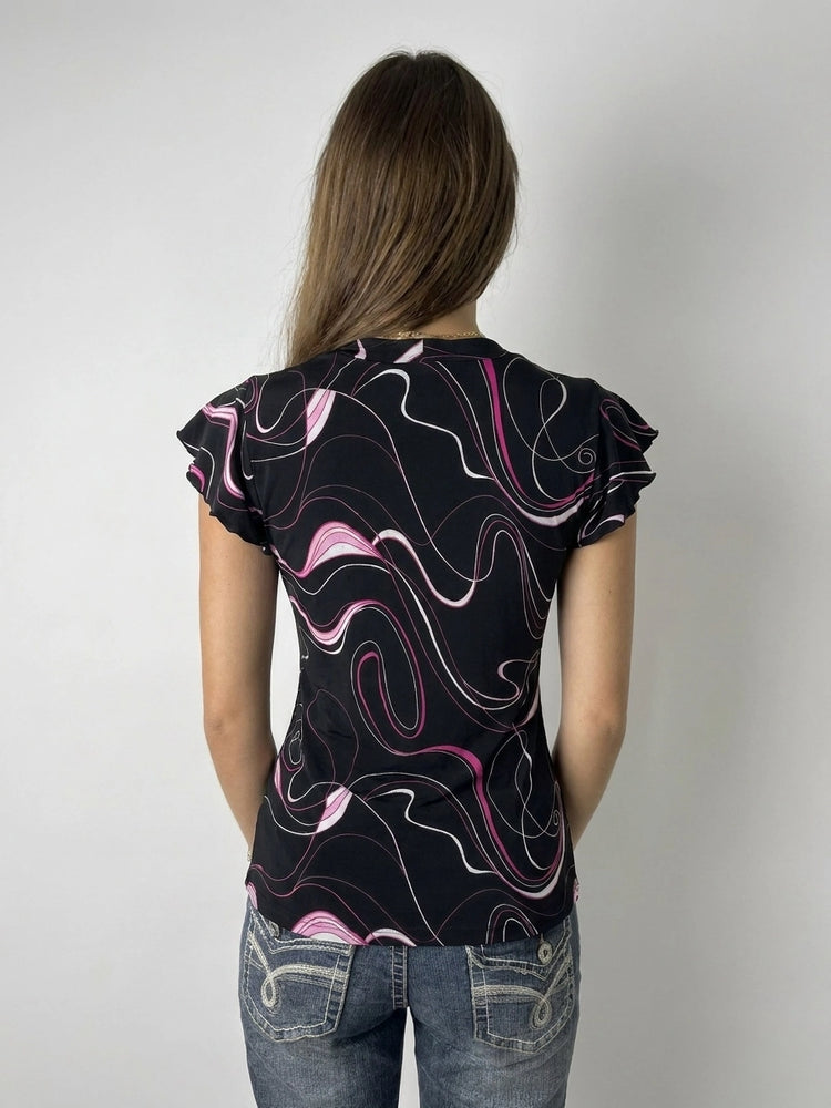 Black Swirl Print Top with Ruffled Sleeves (M)