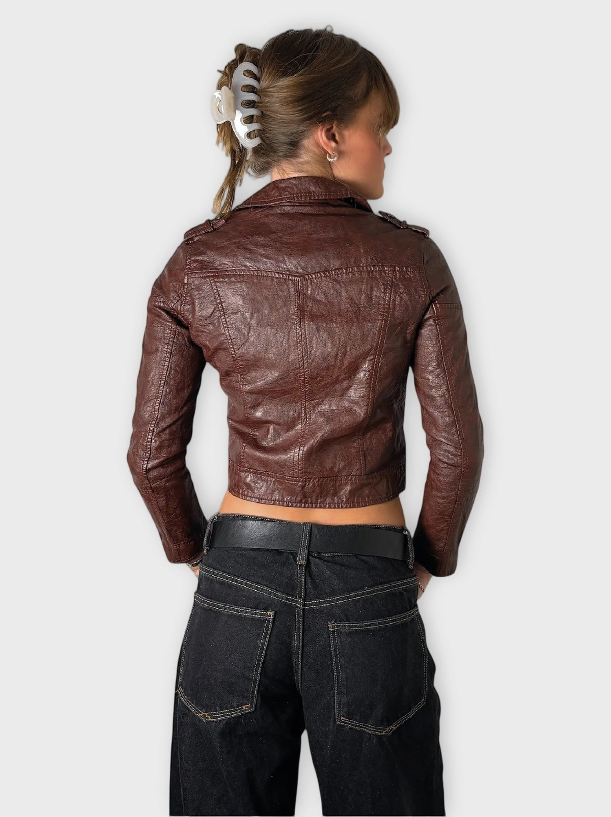 back view, BlankNYC Burgundy Faux Leather Jacket Women, vintage Y2K second hand piece