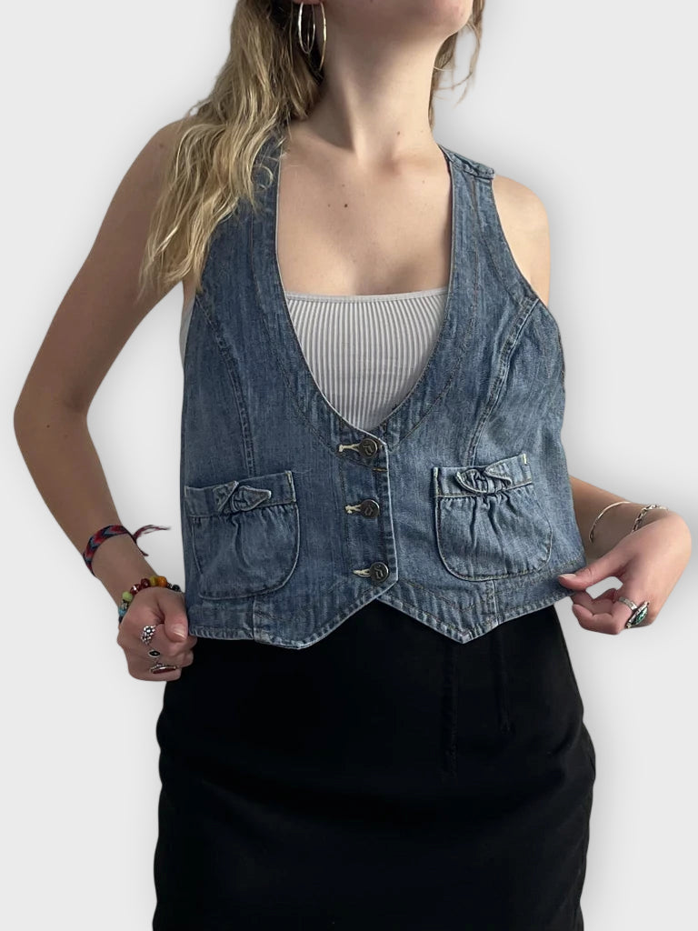 front view, Decree blue loops – y2k denim corsage 2, vintage Y2K second hand piece