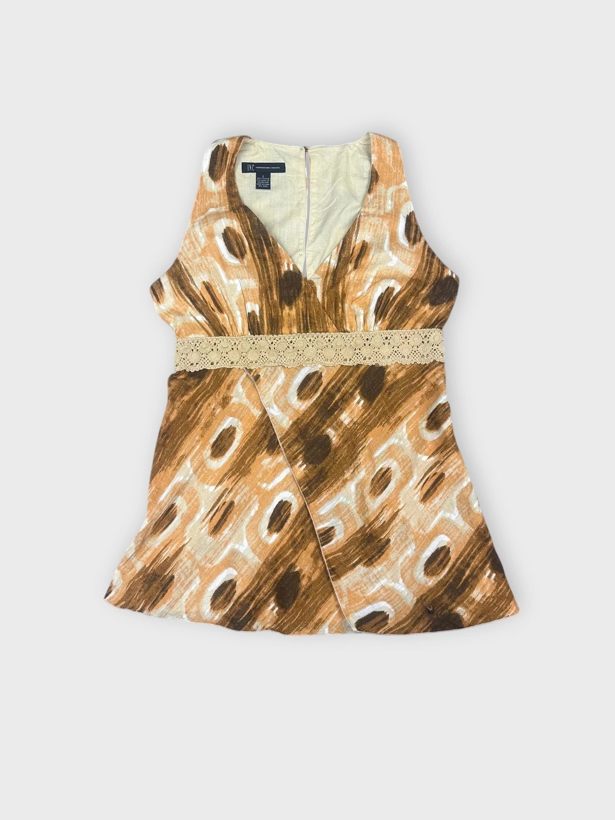 Boho chic wrap top in brown with lace detail front view