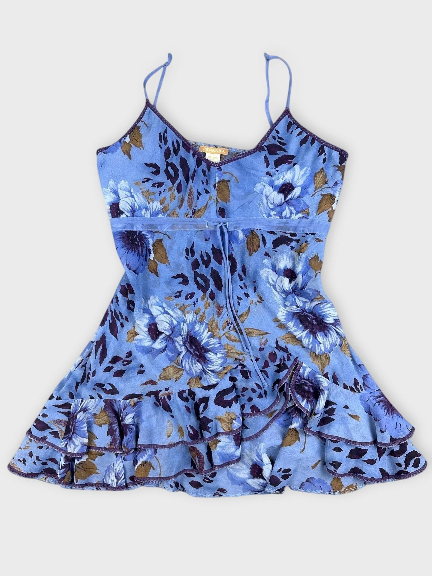 Blue floral ruffle dress with a relaxed fit front view.