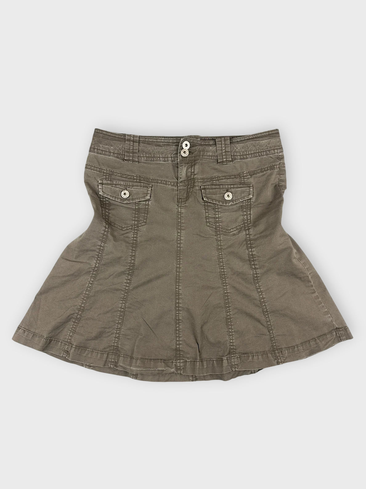 Brown cotton mini skirt with pockets and button detail front view.
