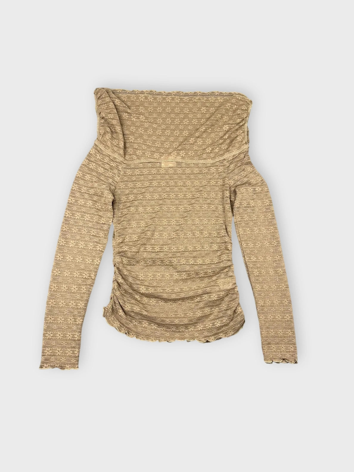 Brown sheer long sleeve top with textured pattern front view