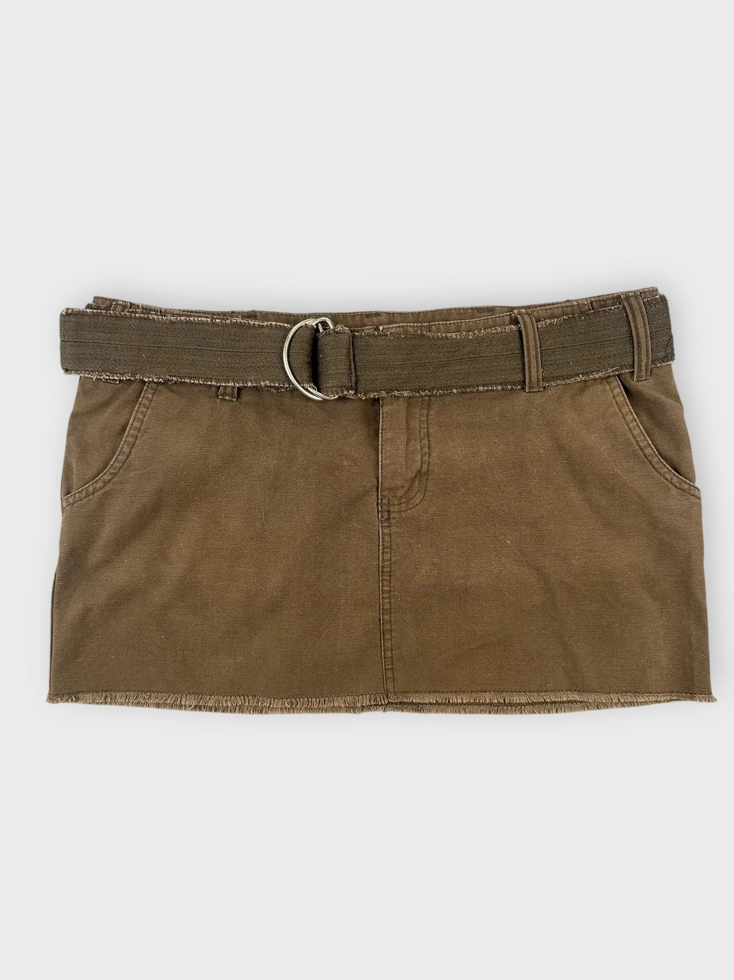 Brown mini skirt with unique belt detail front view