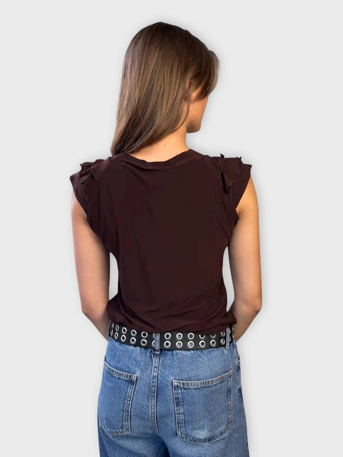 back view, Dressbarn Brown Ruffle Detail Blouse, vintage Y2K second hand piece