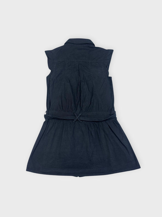 Back view of a button-down top in dark navy with a belted waist.